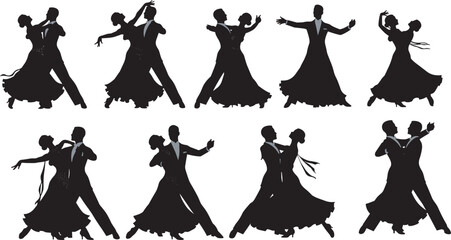 Ballroom dance couple silhouettes, elegant poses, formal attire, waltz, tango, foxtrot, black figures, graceful movement, romantic dancing, vintage style, performance, choreography