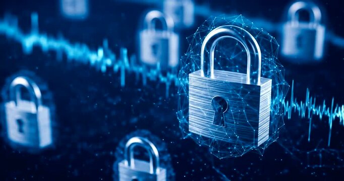 Digital security concept with padlocks and sound waves in background