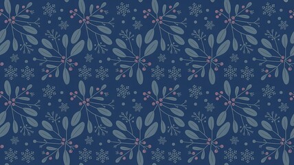 Royal Blue Christmas Pattern with Holly, Mistletoe & Snowflakes for Wrapping and Decor

