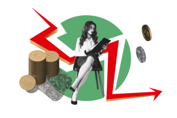 Collage picture young attractive businesswoman sit charts progress statistics coins stack economy downfall crisis recession market forex