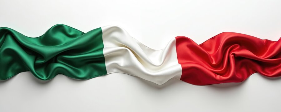 Elegant flowing Italian flag made of smooth silk fabric creates vibrant green, white, red color waves. Graceful drape, folds convey Italy national pride, heritage, identity. Beautiful symbol floats