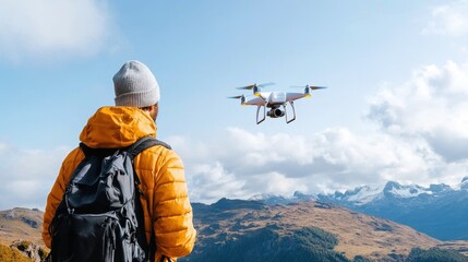 A person in an orange jacket watches a drone flying against a backdrop of mountains and blue skies.