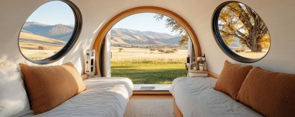 A cozy, modern interior features two beds, large round windows, and a stunning view of mountains and fields, blending comfort with nature.
