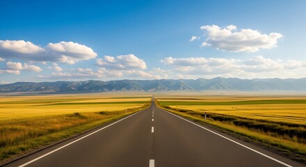 Naklejka premium Straight road leading to the mountains on a sunny day with blue sky