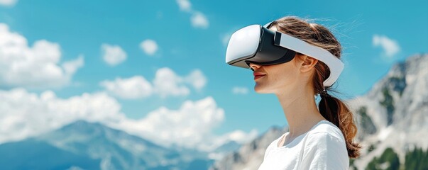A woman wearing a VR headset stands outdoors against a scenic mountainous backdrop, enjoying a virtual experience under a bright blue sky.