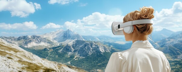 A woman wearing a virtual reality headset gazes at a breathtaking mountainous landscape under a bright blue sky.