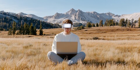 A person wearing VR goggles sits on grass in a serene landscape, using a laptop with mountains in the background, blending nature and technology.