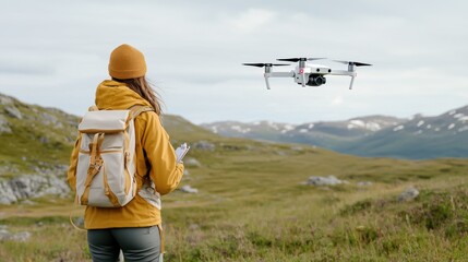 A woman in a yellow jacket stands outdoors, observing a drone flying over a scenic landscape with mountains and greenery.