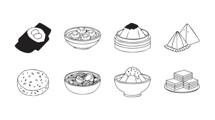 Hand drawn asian desserts and snacks collection set isolated line art simple design vector