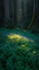 Fototapeta premium Sunlight and Forest: Sunbeams piercing through the forest canopy illuminate a verdant glade, revealing a tapestry of ferns, inviting exploration, and evoking a sense of nature's tranquility.