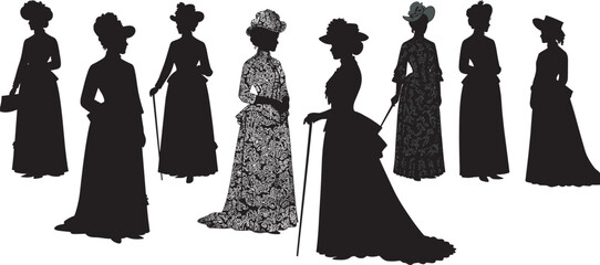 Victorian women silhouettes, vintage fashion illustration, long dresses, parasols, gloves, hats, elegant poses, historical style, retro clothing, black figures, antique, graceful