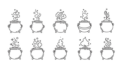 Collection of hand-drawn magical cauldrons with bubbling potions and sparkles for witchcraft and halloween themes vector