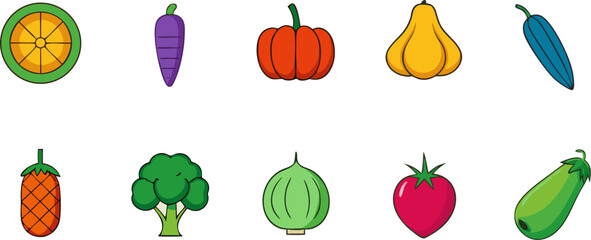 Diverse set of healthy fresh vegetables presented as colorful simple flat graphics