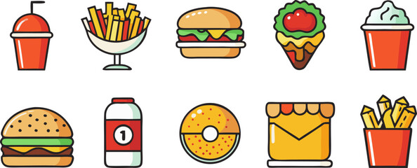 Flat style fast food icons collection set of delicious meal items for quick service restaurants