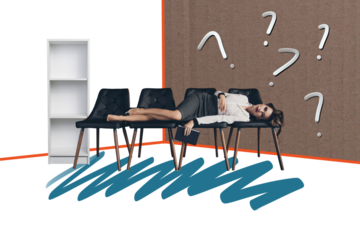 Composite photo collage of tired lazy businesswoman lay chairs question sign doubtful decision project work isolated on painted background