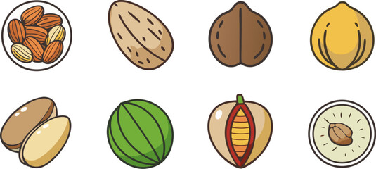 Collection of healthy nuts and seeds icons with natural textures and organic shapes