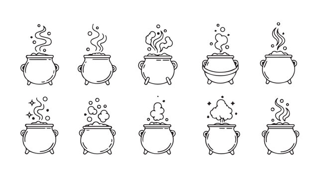 Collection of hand-drawn magical cauldrons with bubbling potions and sparkles for witchcraft and halloween themes vector - Powered by Adobe