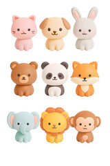Collection of cute kawaii animal figurines isolated on transparent background