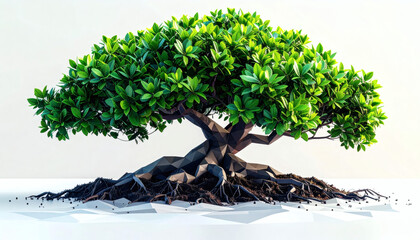 Fototapeta premium Polygonal mangrove tree with faceted roots and geometric leaves on a white background showcasing low poly nature art, modern eco design, and digital 3D illustration style