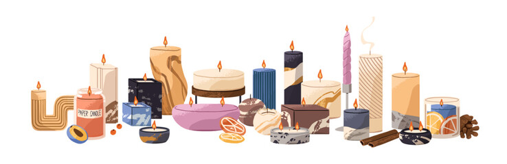 Composition of many scented candles with different shapes. Lots of aroma candlelights with burning fire. Trendy home decor. Cozy interior decoration. Flat isolated vector illustration on white