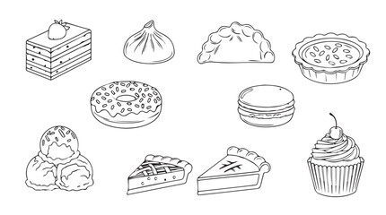 Collection of hand-drawn pastries and desserts stacked and arranged for food presentation vector