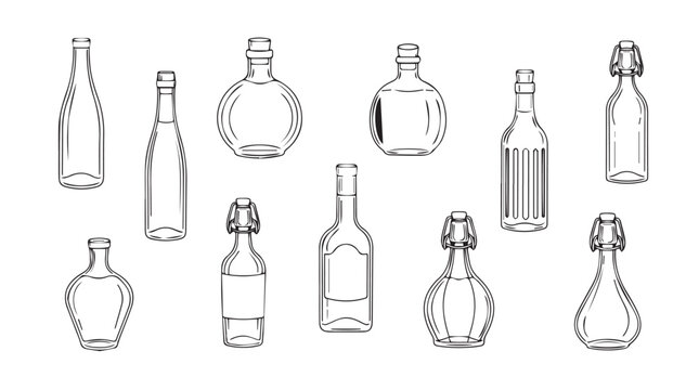 Hand drawn collection of assorted bottles with stoppers various shapes and sizes sketch vector
