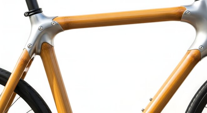 Modern bamboo bicycle frame with aluminum lugs isolated on white. Sustainable and eco-friendly transportation design. Detail of innovative craftsmanship and natural materials