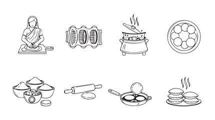 Hand drawn line art food preparation and cooking utensils icons collection representing culinary process vector