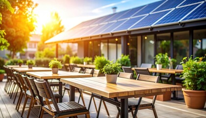 Obraz premium Solar panels and restaurant patio with renewable energy, and outdoor dining.