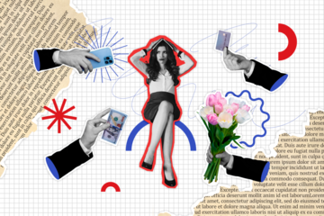Creative picture collage young sitting woman employee worker hide book roof receive offers man attention 3d arms gifts checkered background