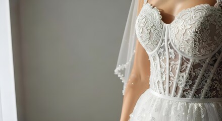 Detailed close-up of a luxury lace wedding dress corset. Elegant bridal gown with floral embroidery. Wedding fashion and preparation with copy space