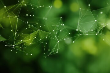 Abstract green polygon background with blurred bokeh particles