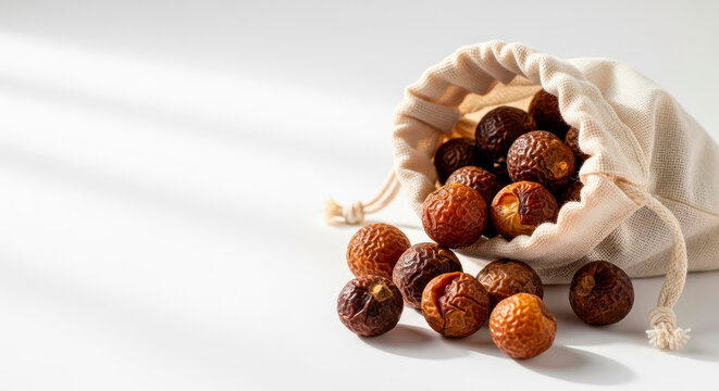 Natural soap nuts in a cotton bag for eco-friendly laundry. Zero waste and sustainable cleaning concept. Copy space for text