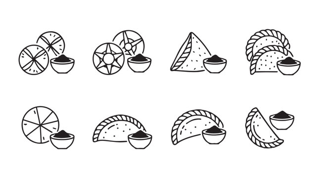 Hand drawn delicious empanadas and savory pastries with dipping sauce icons set food art vector