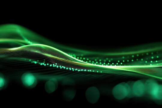 Abstract glowing green wave with blurred lights on black