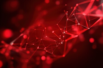 Abstract red polygon background with blurred bokeh particles
