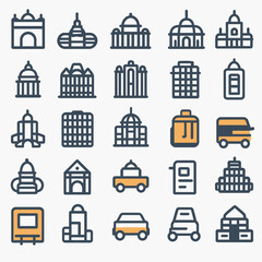 Collection of Building Icons and Transportation Symbols.