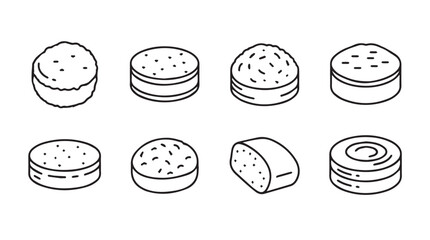 Collection of hand drawn round food items in a clean line art style representing various textures vector