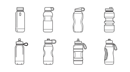 Collection of hand drawn sports water bottles with different cap styles and body designs vector © Marzina Begum