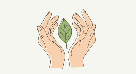 Gentle hands cradle a vibrant green leaf, symbolizing protection, growth, and environmental care in a clean, modern design.