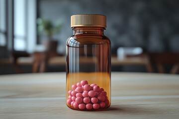 Empty medicine bottle containing pink pills placed on a wooden table