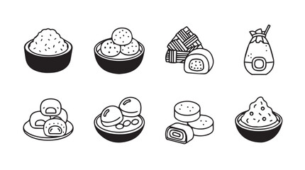 Hand drawn asian food set rice balls dumplings onigiri sushi soy sauce sketch style vector