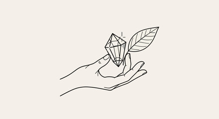 Elegant hand holding crystal with leaf, offering natural beauty and healing energy in minimalist line art style for wellness brands and creative projects