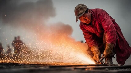 Welder in Action: A skilled welder meticulously working, sparks flying as metal is fused together, illustrating the demanding nature of industry and the skills required.