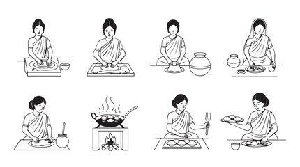 Traditional japanese tea ceremony preparation and rituals line art collection vector