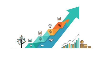 Visualize business growth and financial success with this modern arrow chart showing progress, sales increase, and strategic partnership development