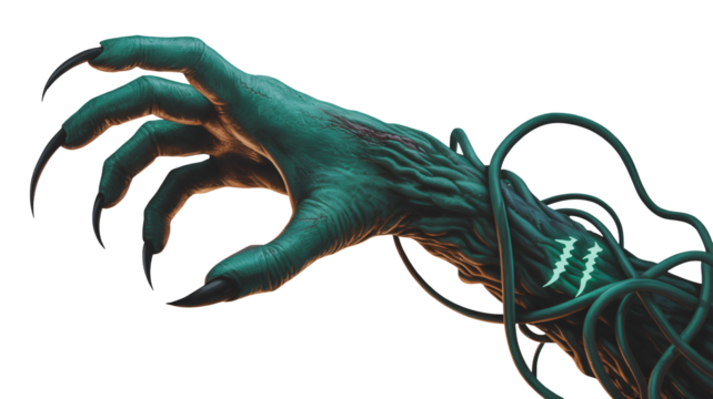 Menacing clawed hand reaches out, perfect for Halloween horror themes