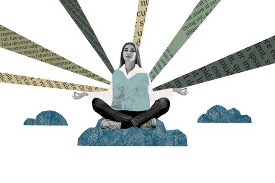 Collage picture image of dreamy focused woman practicing yoga isolated on drawing color background