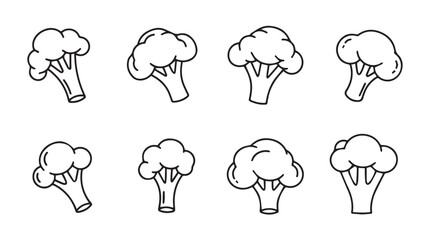 Collection of hand drawn broccoli florets in various positions for healthy food graphics vector
