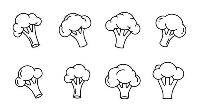 Collection of hand drawn broccoli florets in various positions for healthy food graphics vector